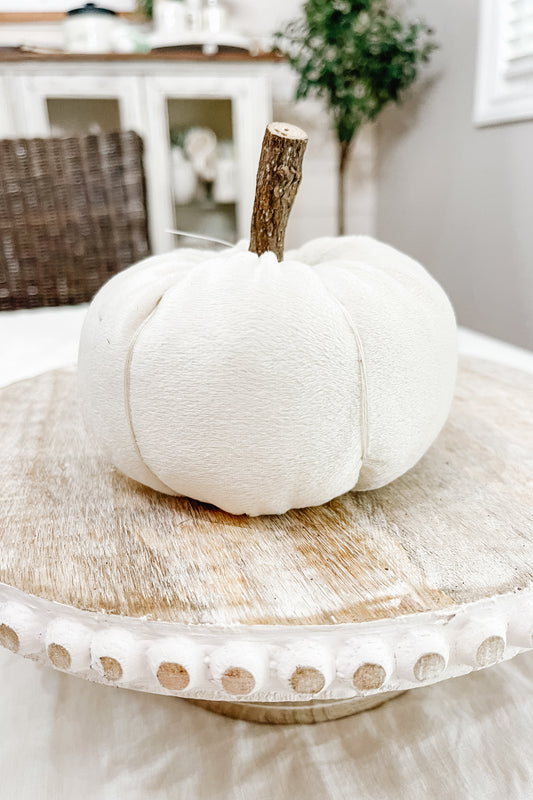 White Velvet Pumpkin with Wooden Stem - The Scented Market     