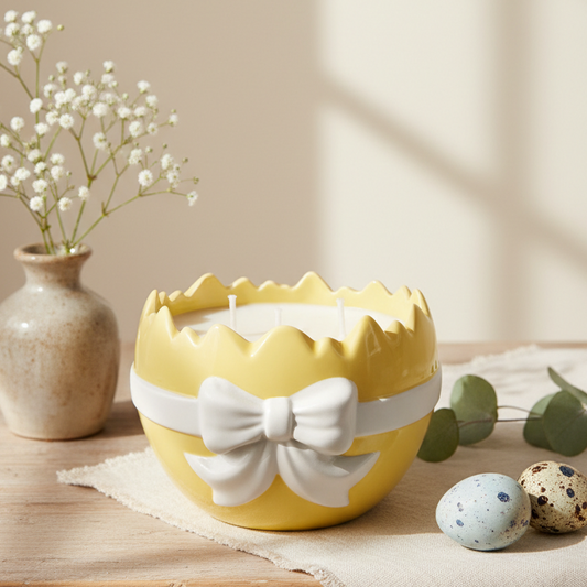 Yellow decorative egg with a white bow on a wooden surface with a neutral background