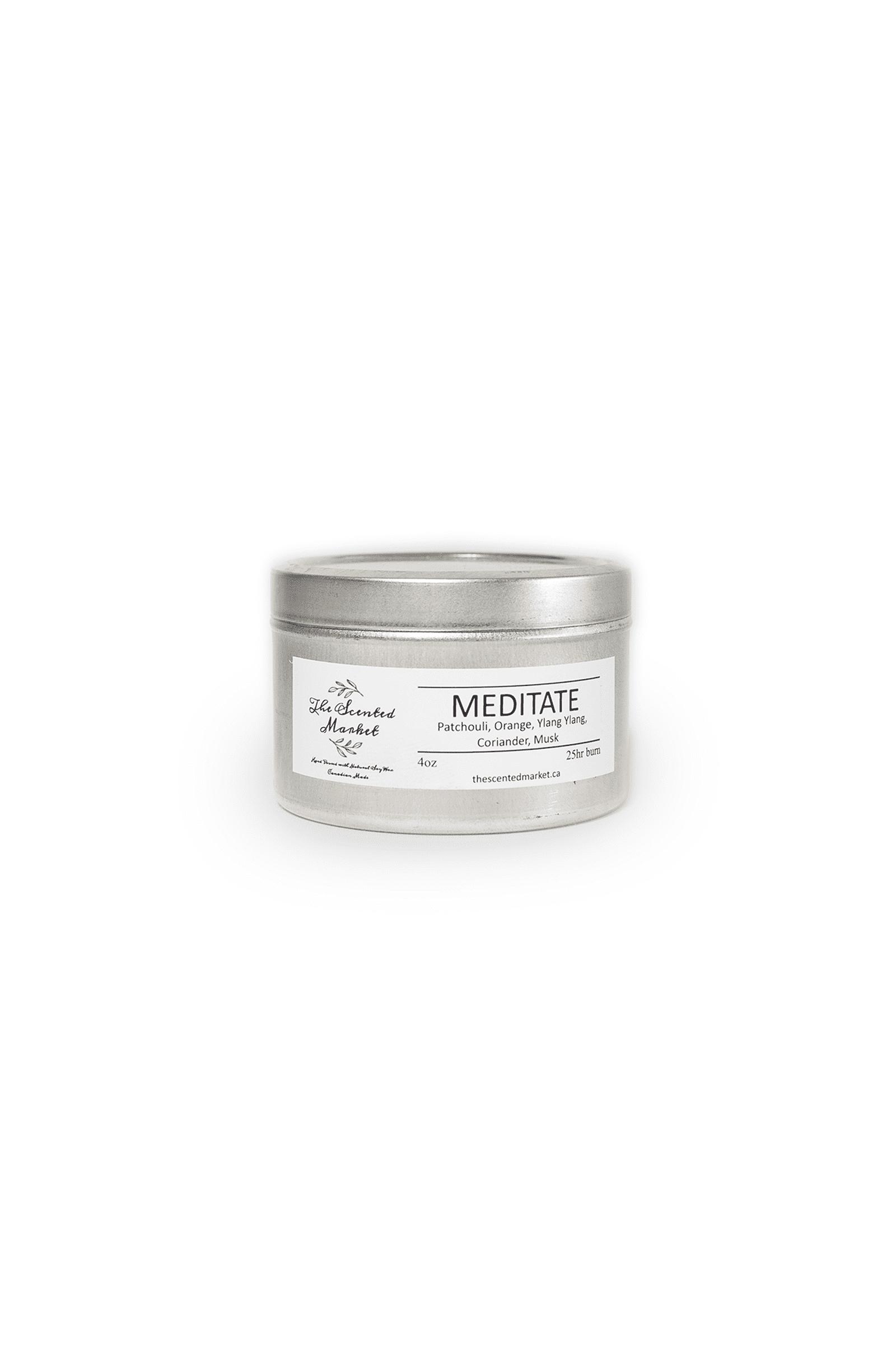 Meditate Essential Oil Scented Soy Wax Candle in a tin jar front view