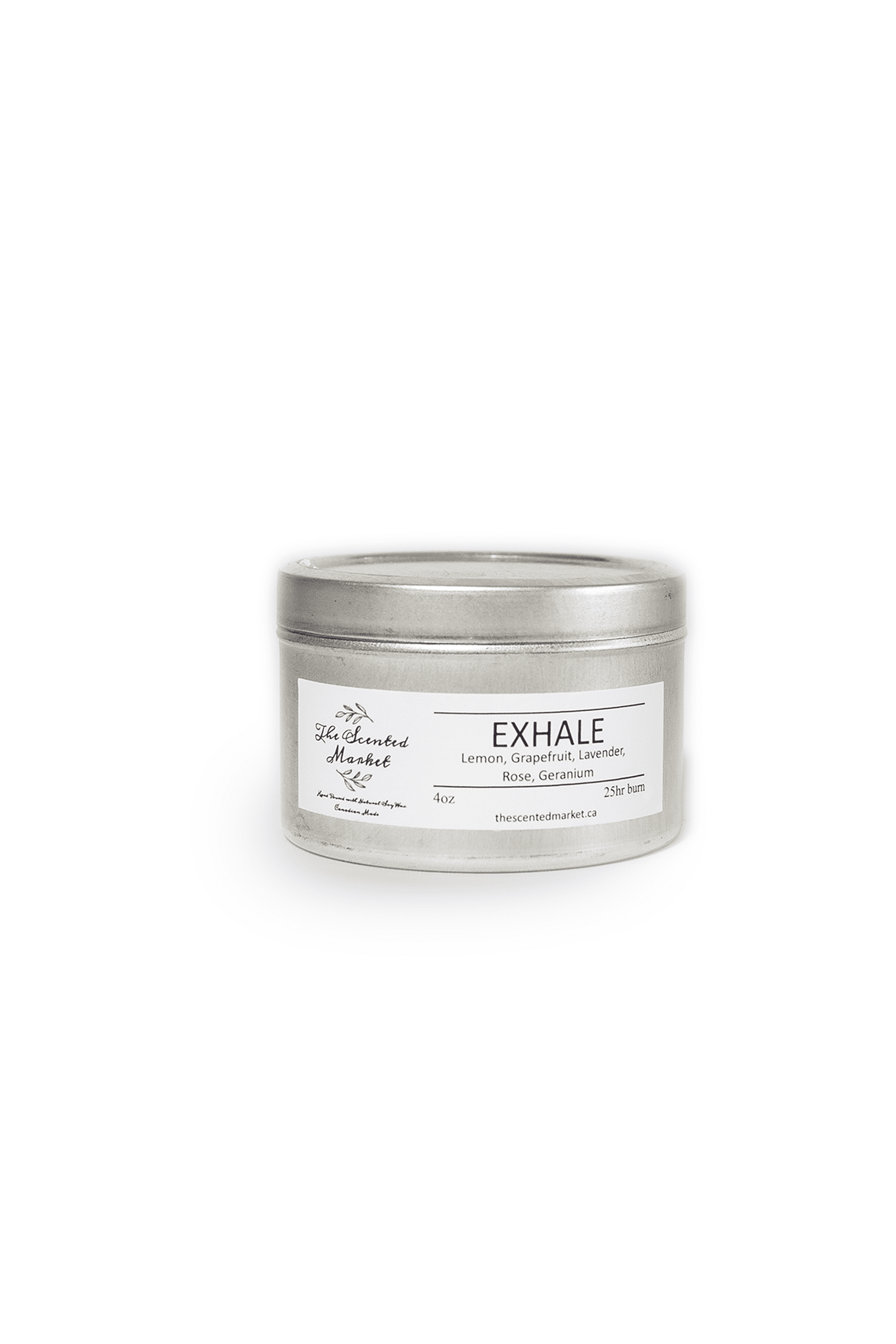 Exhale Essential Oil 4 ounce Scented Soy Wax Candle in a tin jar front view