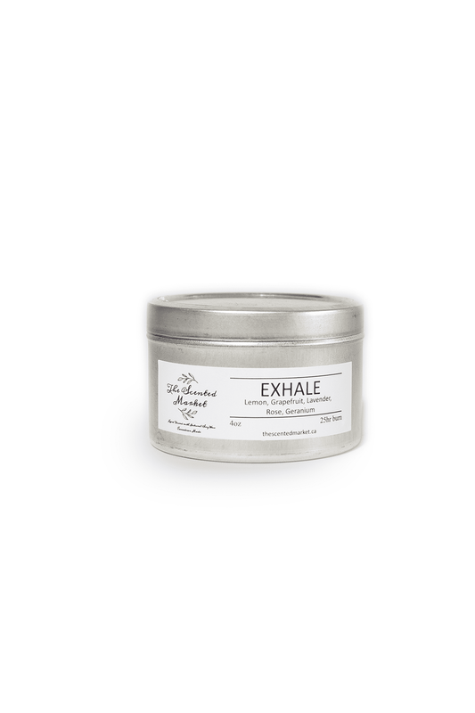 Exhale Essential Oil 4 ounce Scented Soy Wax Candle in a tin jar front view