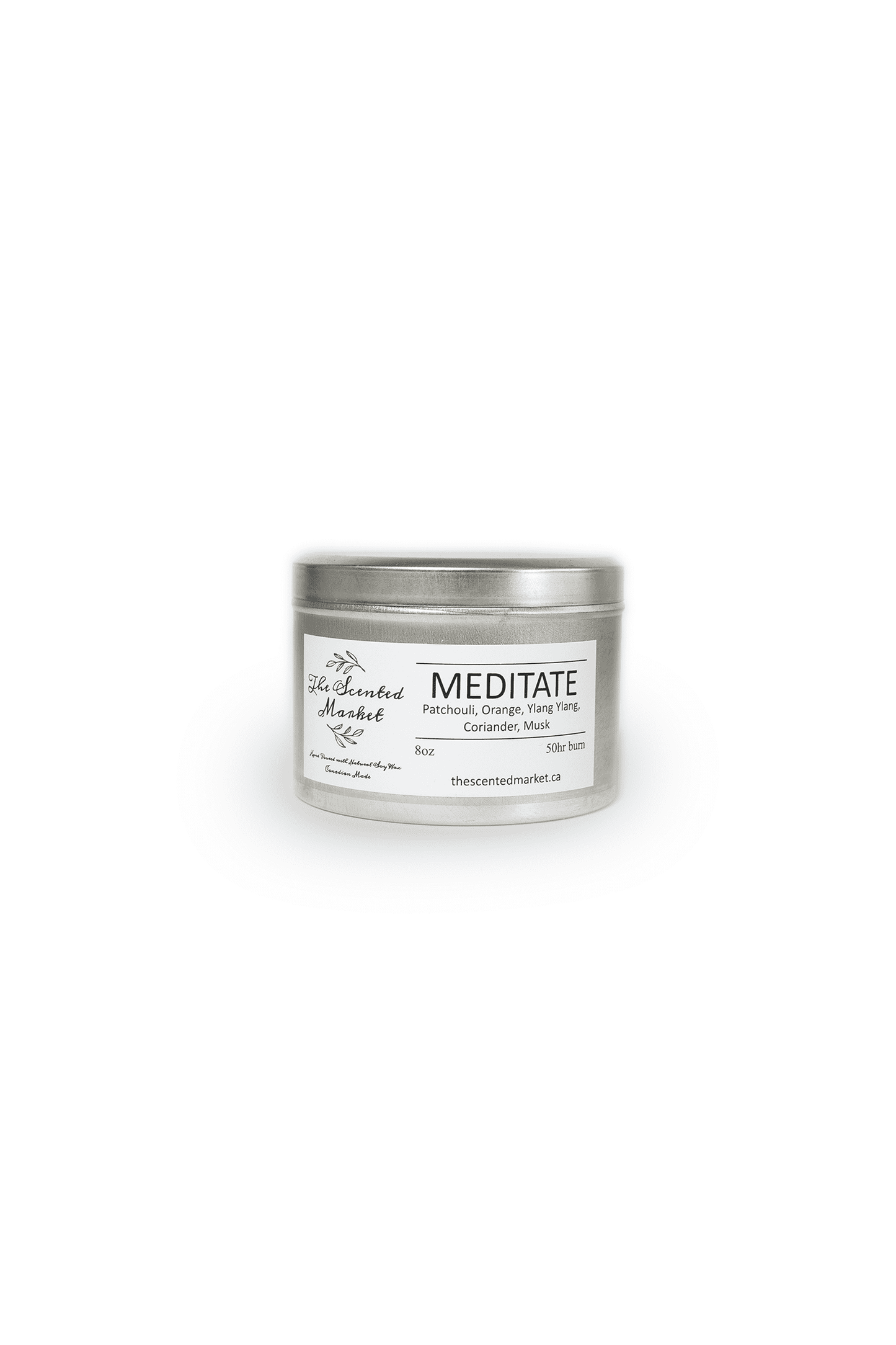 Front of Meditate 8 Ounce Essential Oil Scented Soy Wax Candle in a tin jar